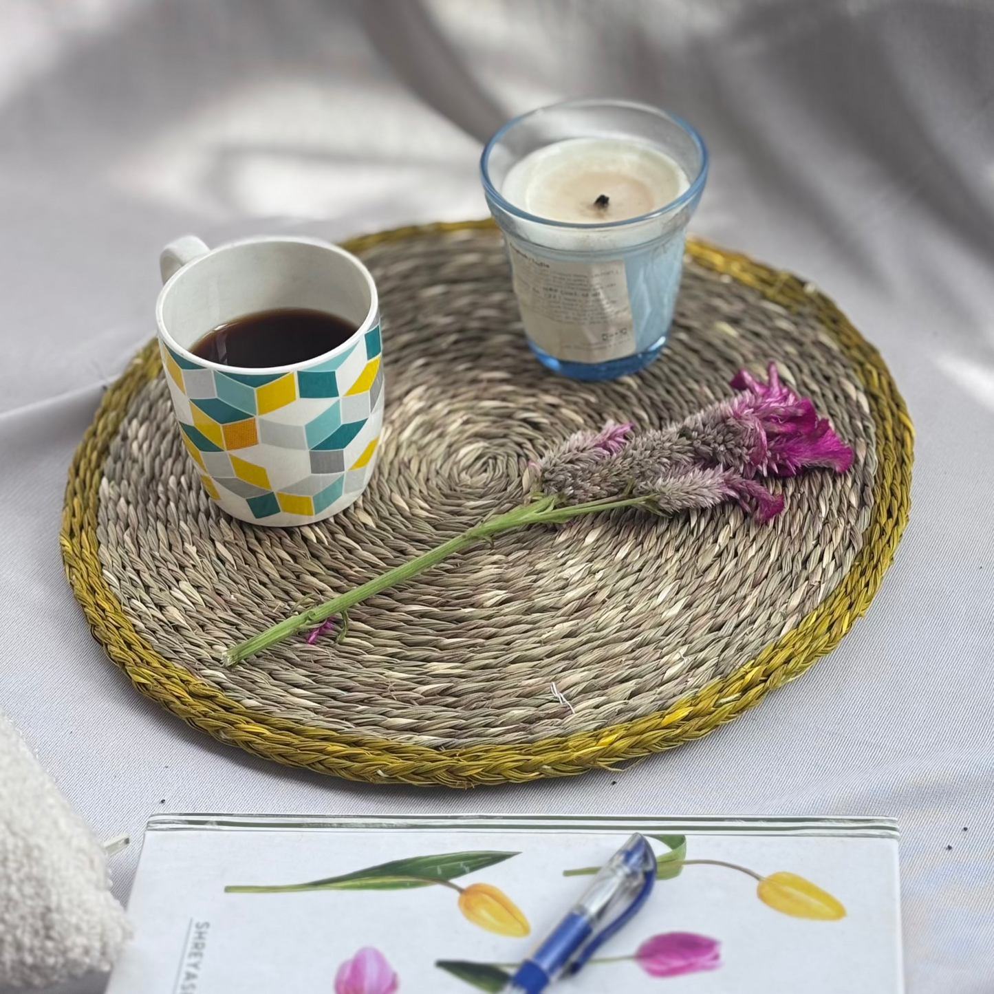 Sabai Grass Handcrafted 14" Placemat | Mustard and Beige | 2 units