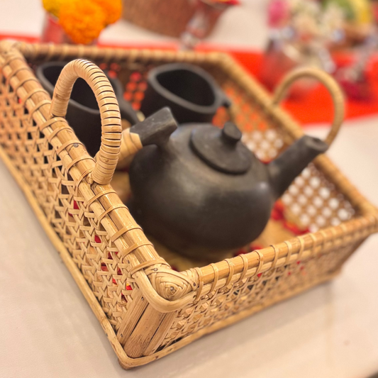 Cane Square Jali Tray With Handle | Natural | 10x4.5 inches