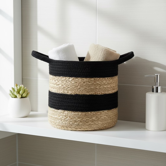Cotton Rope Basket | Black and Beige | 8 inches
