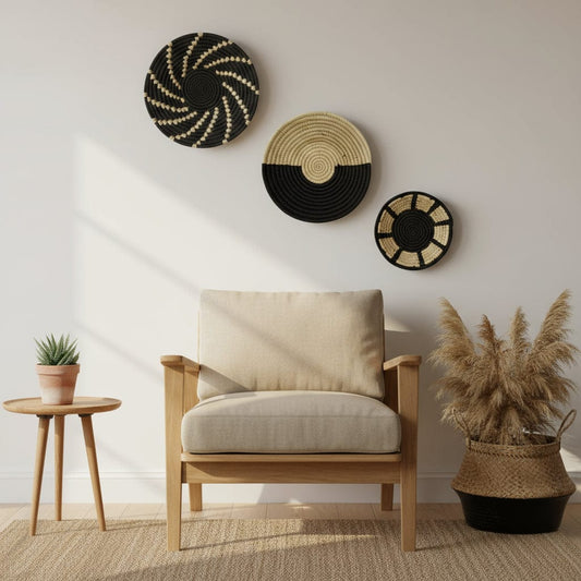Sabai Grass Moonshadow Wall Basket | Black and Beige | 8"