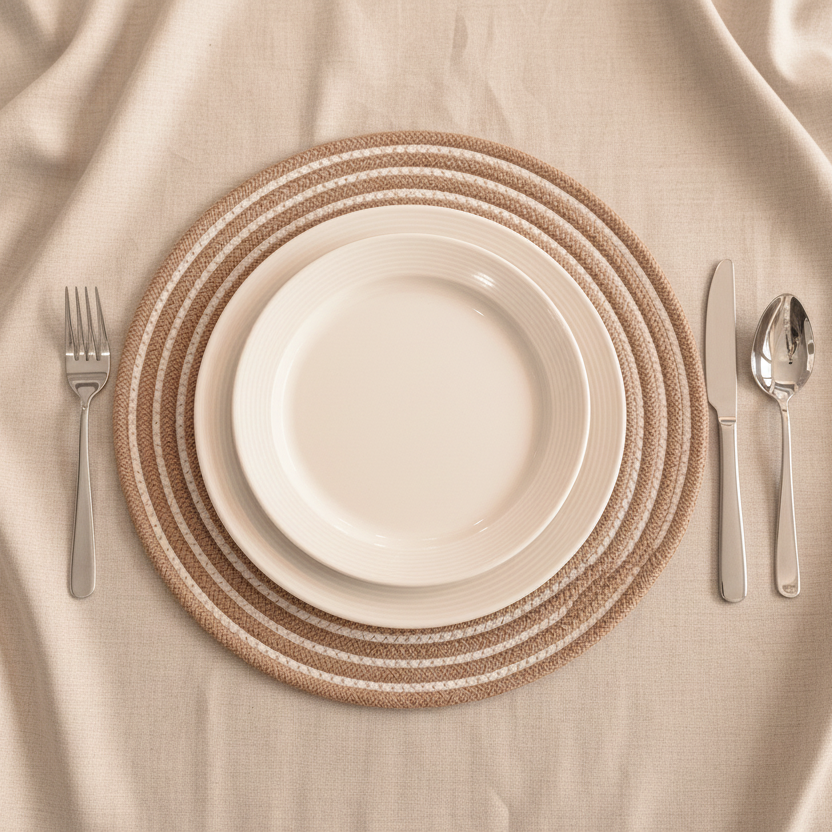 Cotton Rope 13" Striped Placemat | White and Beige | 2 units