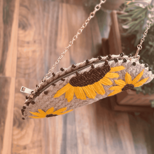 Jute Half Moon Sunflower Meadow Clutch Bag | Multicolor | 11x5