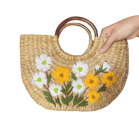 Water Reed Embroidered U-Bag | Yellow and White| 12x8 inches