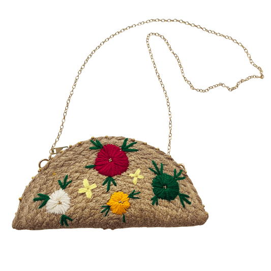 Jute Half Moon Daisy Clutch Bag | Multicolor | 11x5