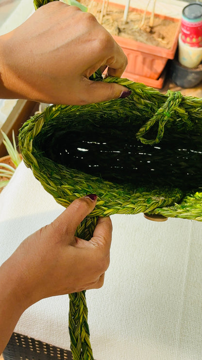 Handwoven Natural Fiber Green Tote Bag
