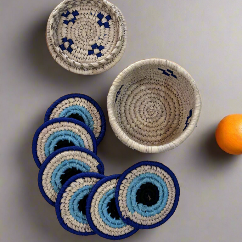 Natural Fiber Evil Eye Set of 6 Coasters, with Box