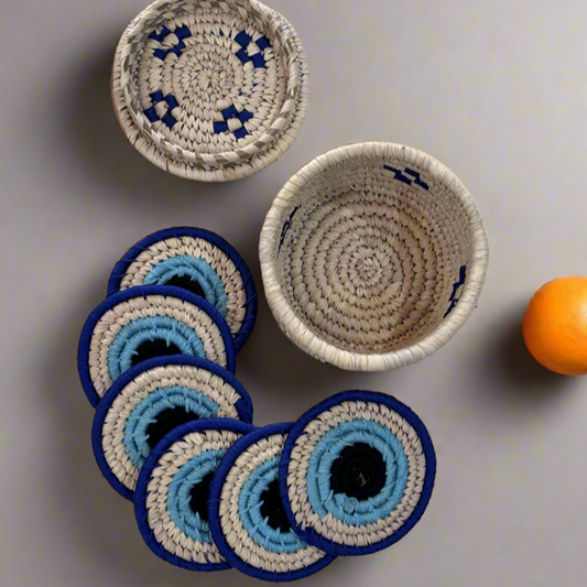 Natural Fiber Evil Eye Set of 6 Coasters, with Box