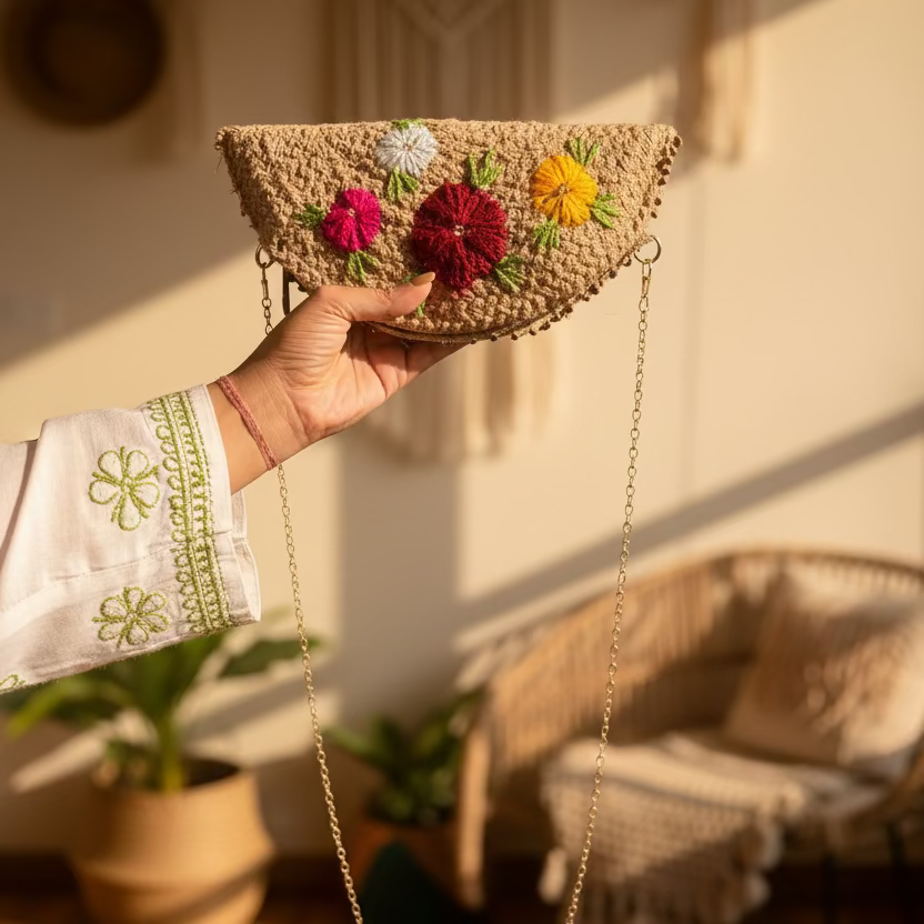 Jute Half Moon Daisy Clutch Bag | Style 4| 11x5