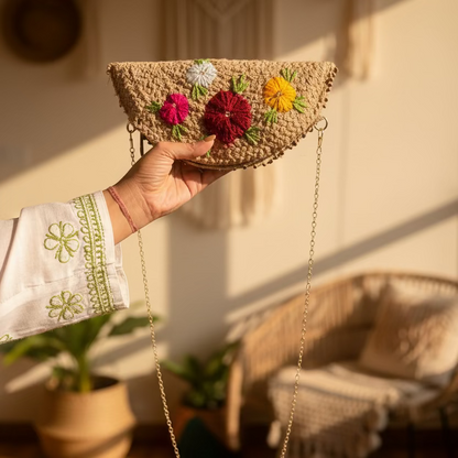 Jute Half Moon Daisy Clutch Bag | Style 4| 11x5