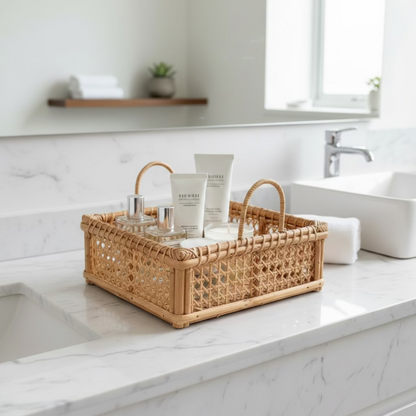 Cane Square Jali Tray With Handle | Natural | 10x3.5 inches