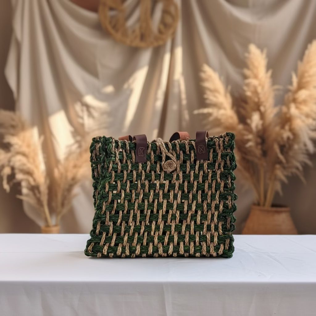 Handwoven Natural Fiber Green Mesh Tote Bag