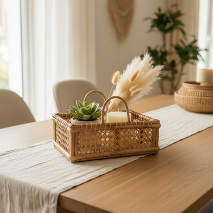 Cane Square Jali Tray With Handle | Natural | 10x3.5 inches