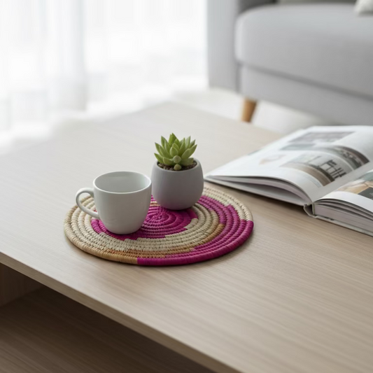 Handcrafted Natural Fiber Pink Placemat-8"