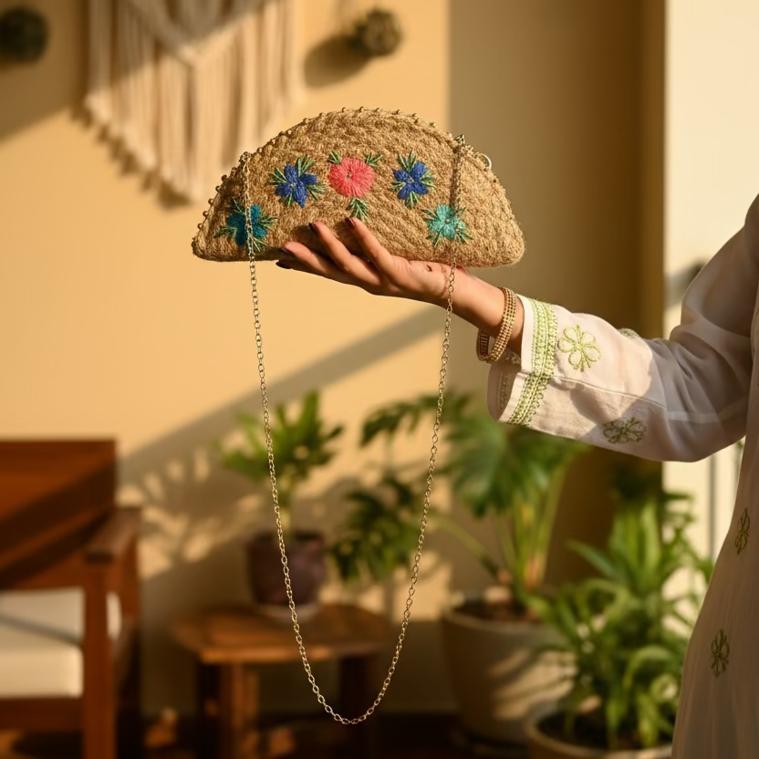 Jute Half Moon Daisy Clutch Bag | Style 2| 11x5