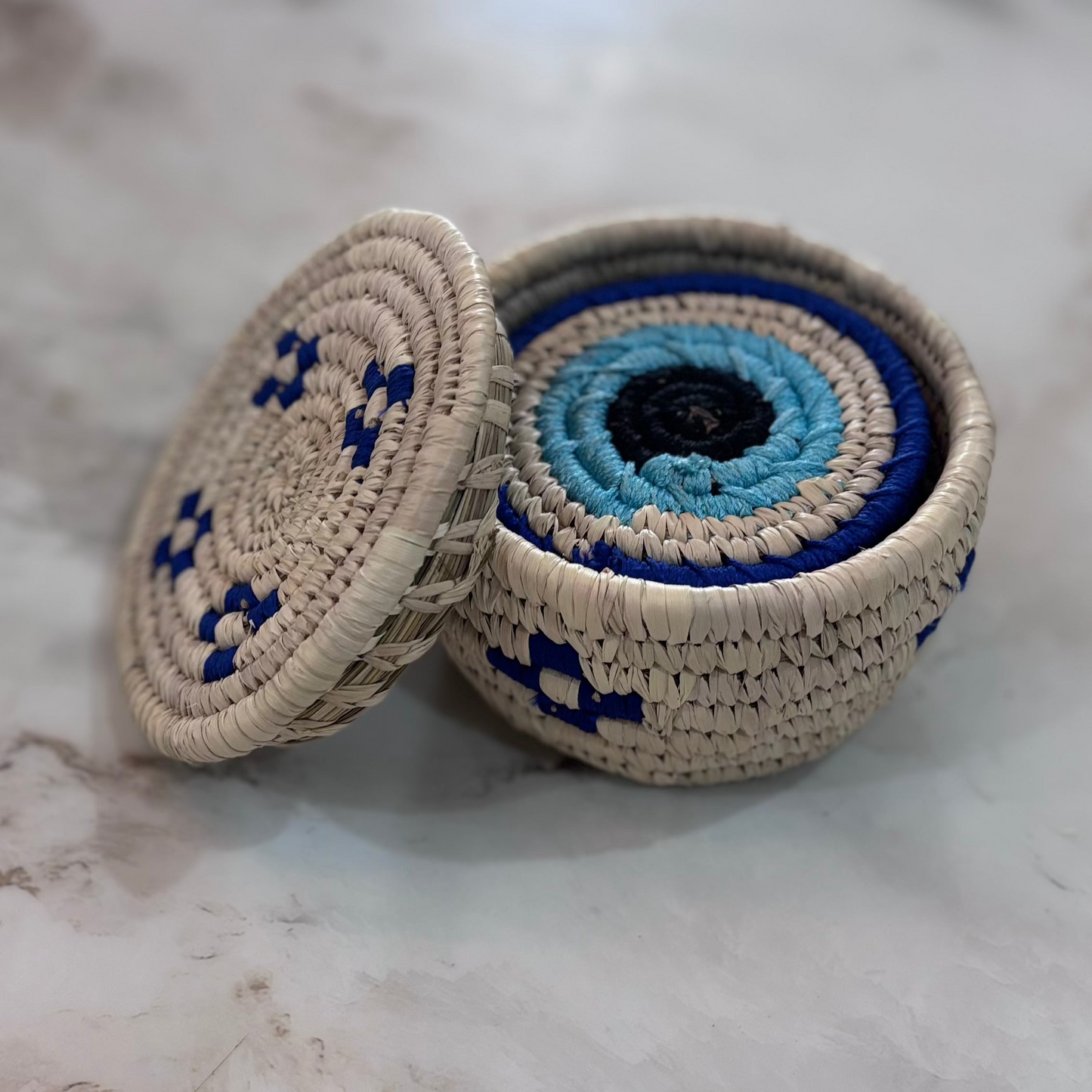 Natural Fiber Evil Eye Set of 6 Coasters, with Box