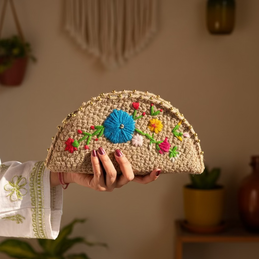 Jute Half Moon Daisy Clutch Bag | Style 3| 11x5