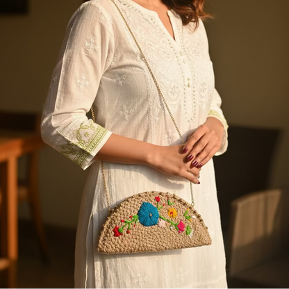 Jute Half Moon Daisy Clutch Bag | Style 3| 11x5
