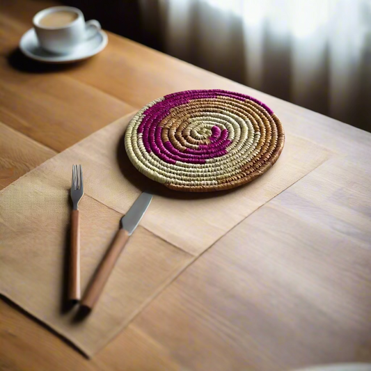Handcrafted Natural Fiber Pink Placemat-8"