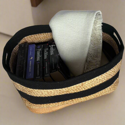 Rectangular Stripped Cotton Rope and Jute Basket