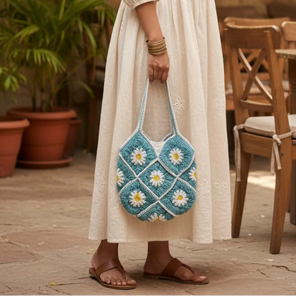 Handwoven Crochet Daisy Flower Tote Bag| Teal| 10 inch