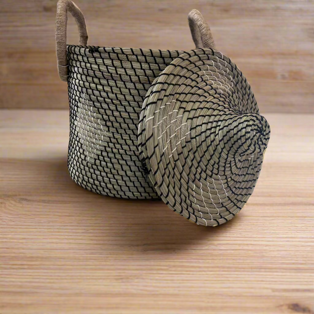 Sabai Grass Round Binding Basket, with Lid