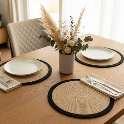 Jute Round 15" Placemat| Beige and Black | Set Of 2