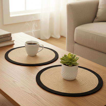 Jute Round 15" Placemat| Beige and Black | Set Of 2
