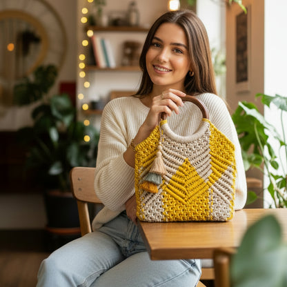 Handwoven Macrame Yellow and White Handbag