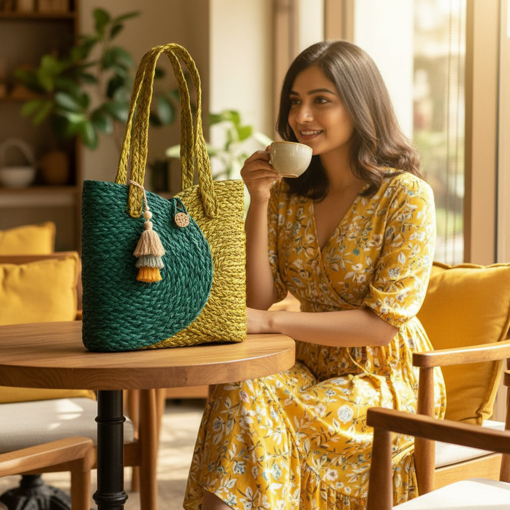 Handwoven Natural Fiber Mustard Tote Bag
