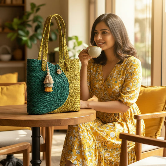 Handwoven Natural Fiber Mustard Tote Bag