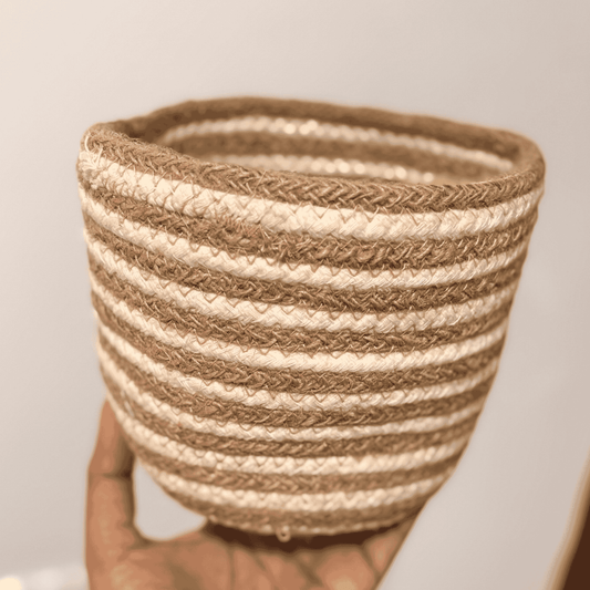 Cotton Rope Stripped Basket | White and Brown | 5 inches