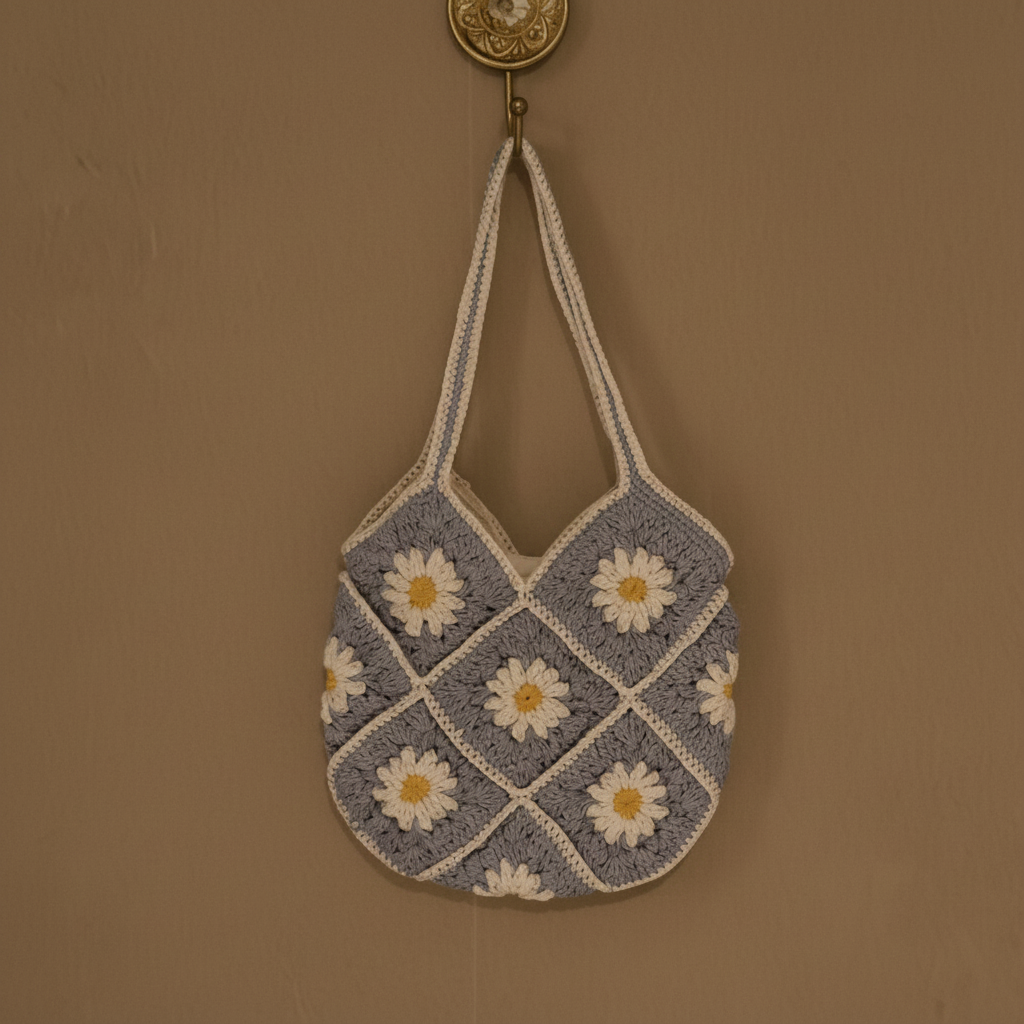Handwoven Crochet Blue Flower Handbag