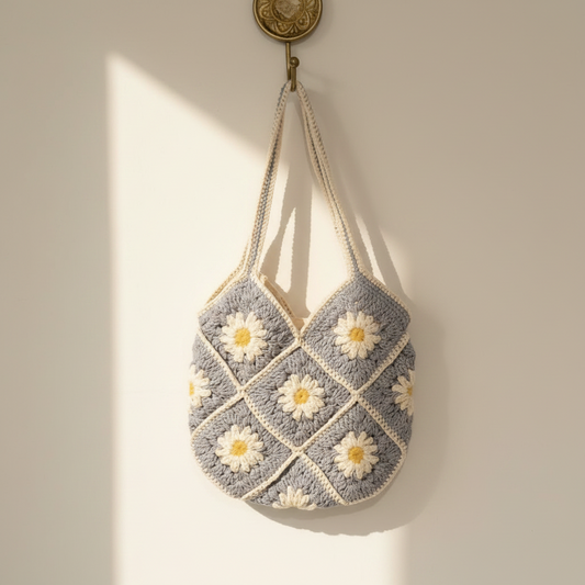 Handwoven Crochet Daisy Tote Bag| Blue | 10 inch