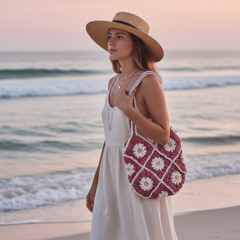 Handwoven Crochet Pink Flower Handbag