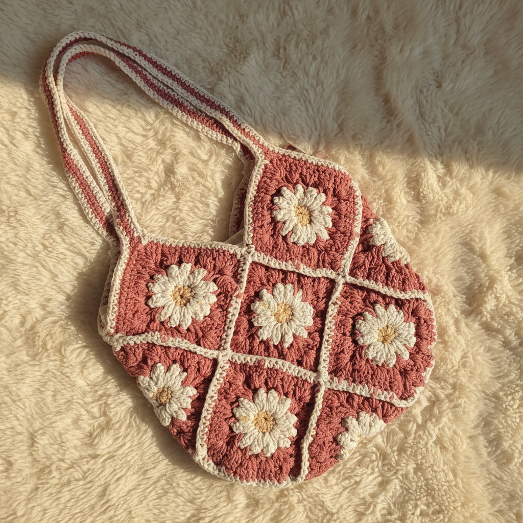 Handwoven Crochet Daisy Flower Tote Bag| Pink | 10 inch