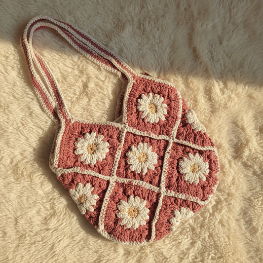 Handwoven Crochet Daisy Flower Tote Bag| Pink | 10 inch