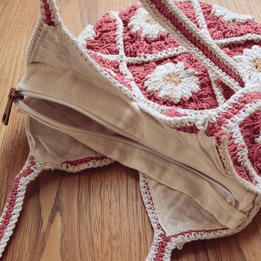 Handwoven Crochet Pink Flower Handbag
