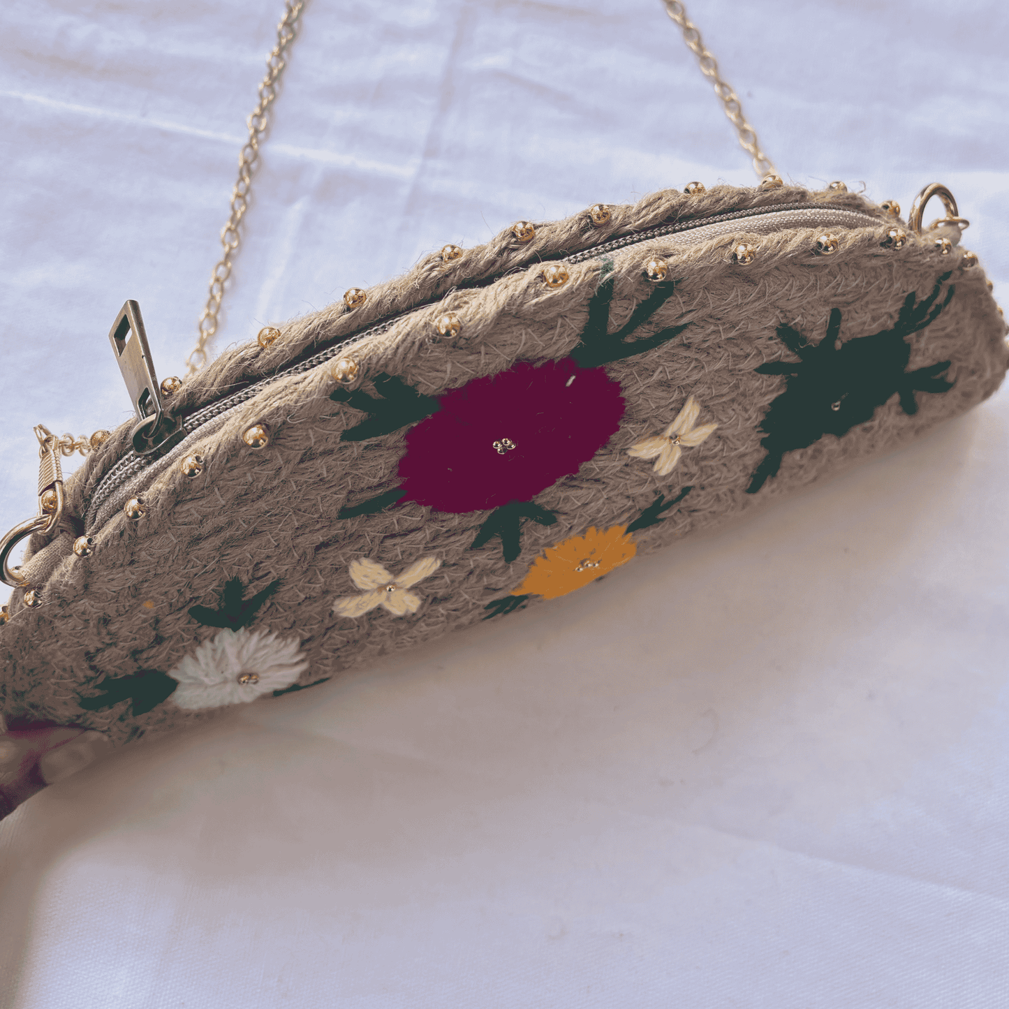 Jute Half Moon Daisy Clutch Bag | Multicolor | 11x5