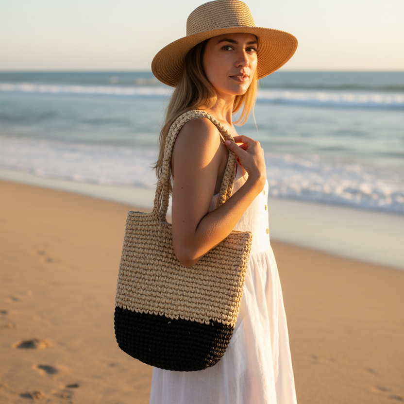 Jute Crochet Handbag | Beige and Black| 12x14 inches