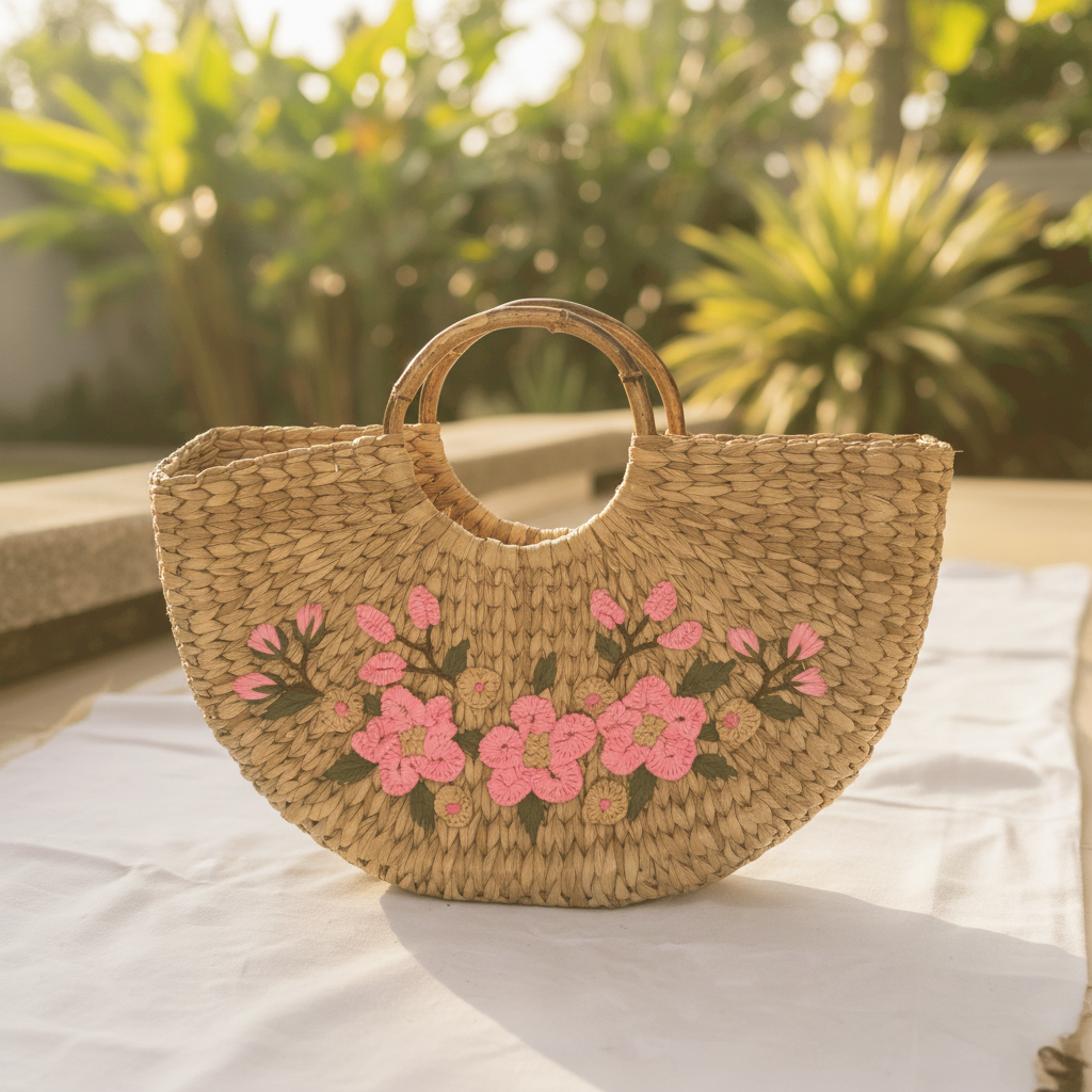 Handcrafted Water Reed Embroidered Bag | Pink and Orange| 10 inches
