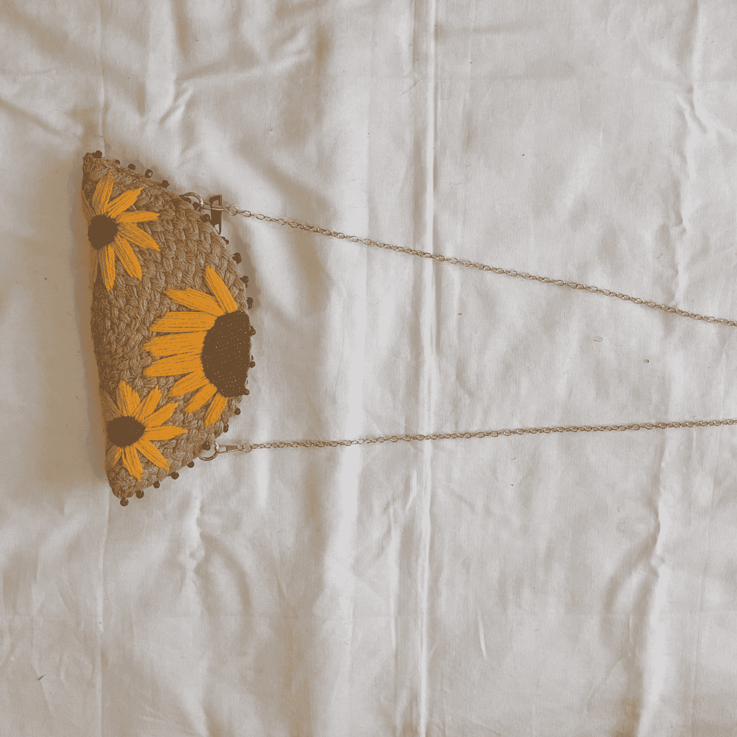 Jute Half Moon Sunflower Meadow Clutch Bag | Multicolor | 11x5