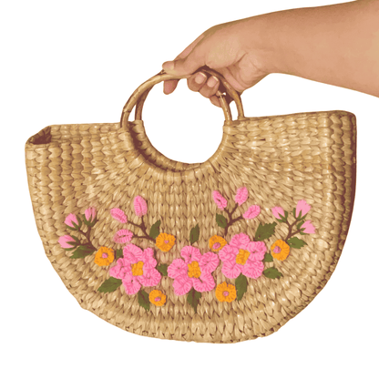 Handcrafted Water Reed Embroidered Bag | Pink and Orange| 10 inches