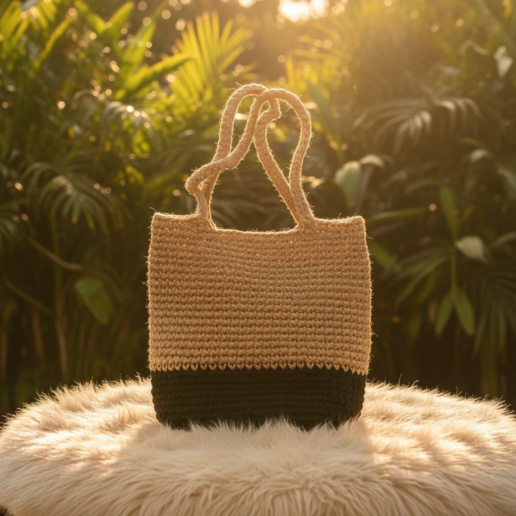 Jute Crochet Tote Bag| Beige and Black| 12x13 inches