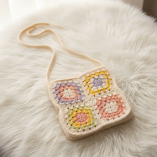 Crochet Square Floral Handbag | Multicolor | 9 inch