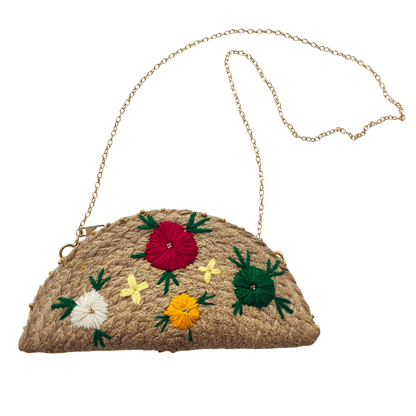 Jute Half Moon Daisy Clutch Bag | Multicolor | 11x5