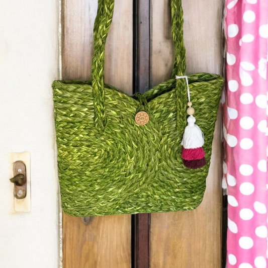 Handwoven Natural Fiber Tote Bag- Green