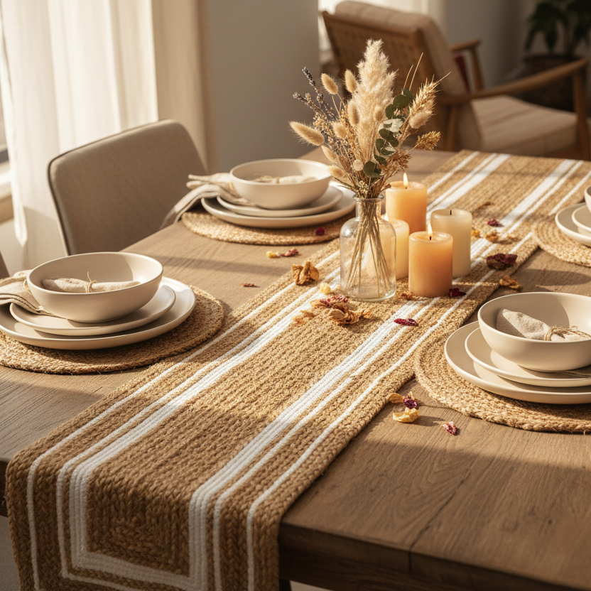 Jute Table Runner | Beige and White| 72x14 inches